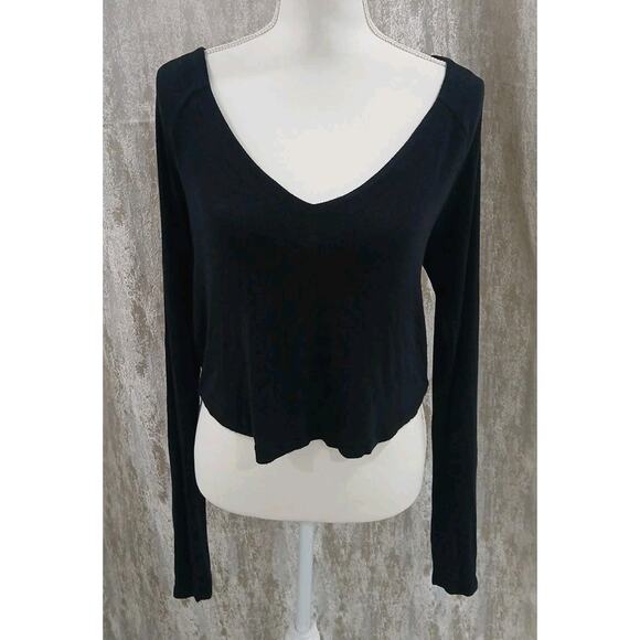 FREE PEOPLE Long Sleeve Black Crop Top w/ Back Floral Ties Size XLarge - Picture 2 of 7